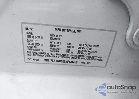 2022 Tesla Model Y Long Range Dual Motor All-Wheel Drive z USA, uszkodzony, nr VIN 7SAYGDEE6NF434428